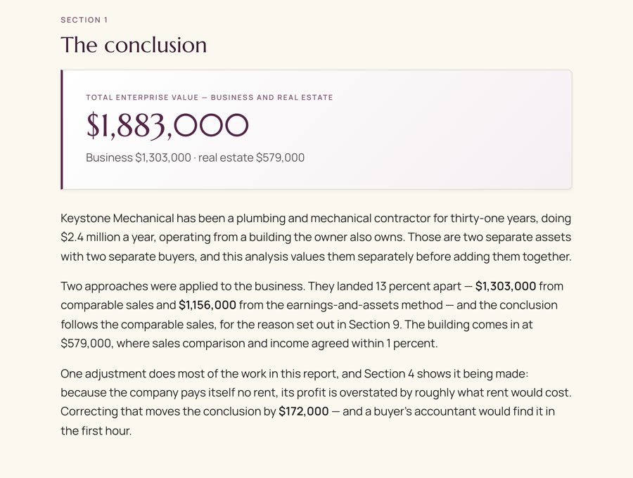 A page from a valuation report: the concluded value and the reasoning behind it